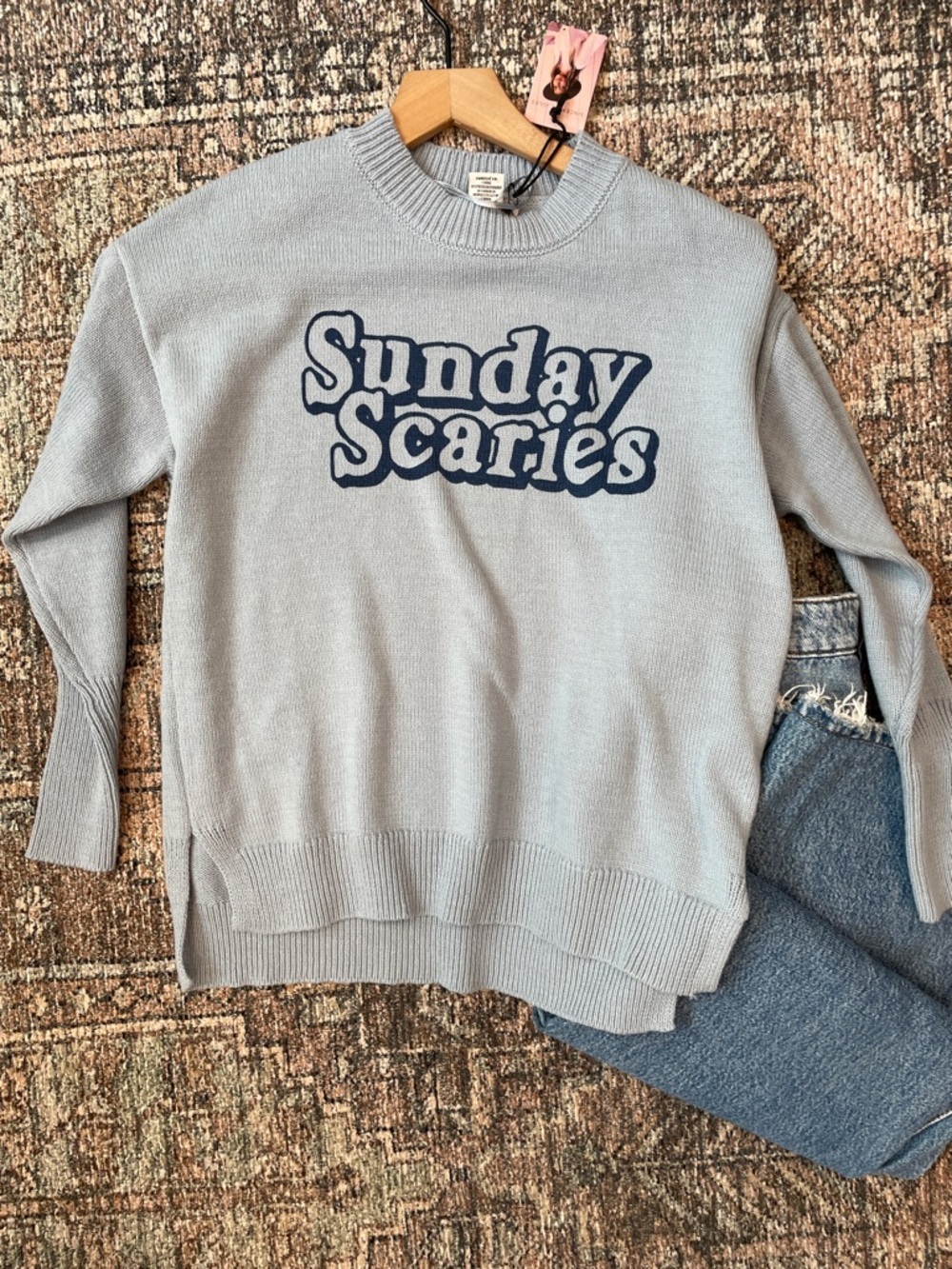 Sincerely Jules Sunday Scaries Sweater NWT Gray Graphic Pullover Size S